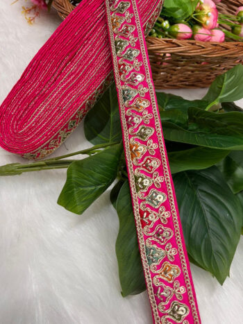 Sabyasachi-Inspired Embroidered Designer Lace Border ? 9 Meter Roll, 1 Inch Wide for Ethnic & Creative Projects | Rani Pink