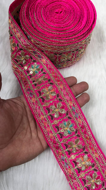2.5 Inches Decorative Sequin Thread Embroidered Indian Mustard Sari Silk Dupatta Border Ribbon (9 Meter) | Rani Pink
