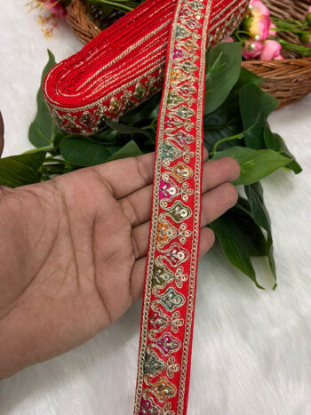 Sabyasachi-Inspired Embroidered Designer Lace Border ? 9 Meter Roll, 1 Inch Wide for Ethnic & Creative Projects | Red