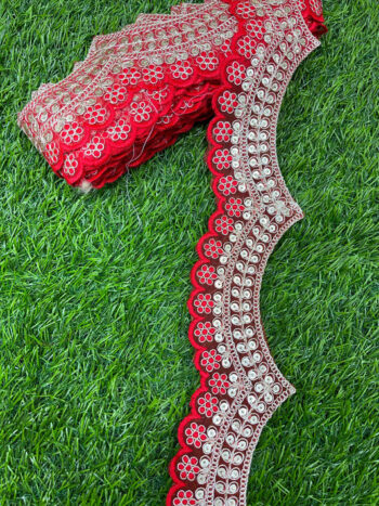 Embroidery Scallop Lace | Sequins Embellishment Trim | Craft Decorative Saree Lace ? 9 Meters, 2-Inch Width | Red