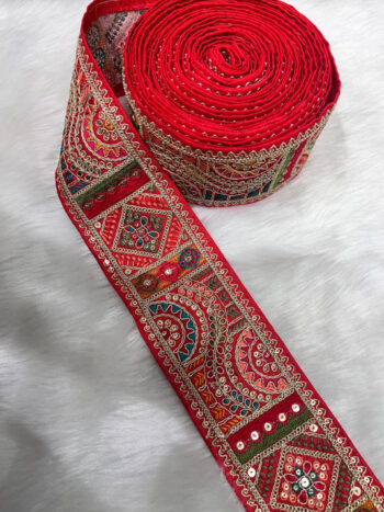 3 Inch Indian Saree Lace Border Embroidered Trim – Floral Decorative Ribbon for Art Quilts & Craft Projects (9 Meter) | Red