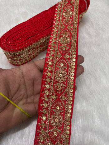 Embroidered Zari Lace ? Indian Wedding Trims, Saree Border, 2 Inch Wide Lace Reel (9 Mtr) | Red