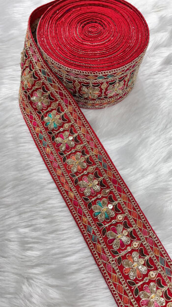 2.5 Inches Decorative Sequin Thread Embroidered Indian Mustard Sari Silk Dupatta Border Ribbon (9 Meter) | Red