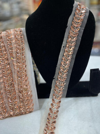 Crystal Stone Beaded Handmade Lace on Net Fabric ? 9 Meters, 1-Inch Width | Rose Gold