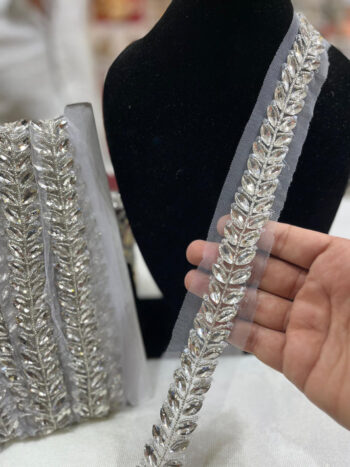 Crystal Stone Beaded Handmade Lace on Net Fabric ? 9 Meters, 1-Inch Width | Silver