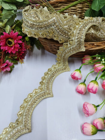 Handmade Cutdana Lace Borders ? Premium Quality, Intricate Embellishments for Sarees, Lehengas, Bridal Couture, and Luxury Home Decor - Off White