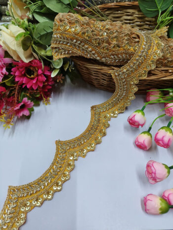Handmade Cutdana Lace Borders ? Premium Quality, Intricate Embellishments for Sarees, Lehengas, Bridal Couture, and Luxury Home Decor - Yellow