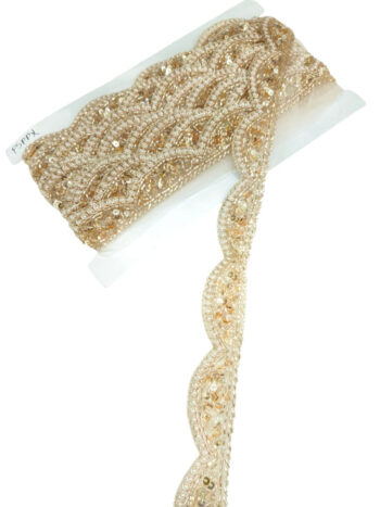 Antique Zardosi Blossom Net Scallop Lace with Pearls ? Premium Quality, Intricate Embellishments for Sarees, Lehengas, Bridal Couture, and Luxury Home Decor - Rose Gold