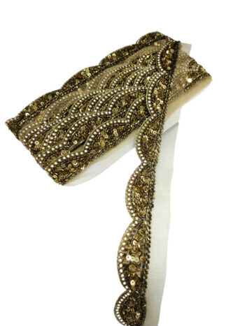 Antique Zardosi Blossom Net Scallop Lace with Pearls ? Premium Quality, Intricate Embellishments for Sarees, Lehengas, Bridal Couture, and Luxury Home Decor - Copper Gold