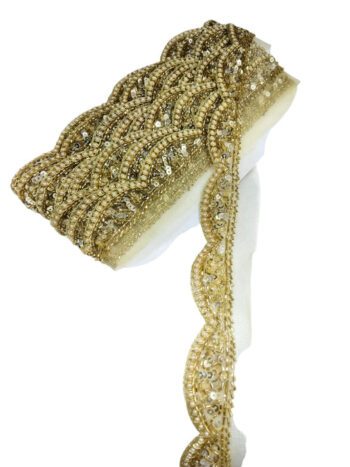 Antique Zardosi Blossom Net Scallop Lace with Pearls ? Premium Quality, Intricate Embellishments for Sarees, Lehengas, Bridal Couture, and Luxury Home Decor - Gold