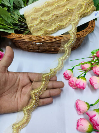 Handmade Crystal Border Trims Indian Embroidery Saree Border Crafting Saree Sewing Decorative Beach Bag Cushions Trimmings Ribbons Tape, Jewelry Making Trim, Table Runner Lace - Gold