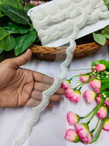Handmade Crystal Border Trims Indian Embroidery Saree Border Crafting Saree Sewing Decorative Beach Bag Cushions Trimmings Ribbons Tape, Jewelry Making Trim, Table Runner Lace - Off White