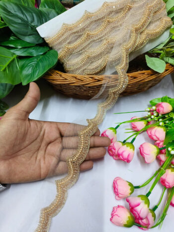 Handmade Crystal Border Trims Indian Embroidery Saree Border Crafting Saree Sewing Decorative Beach Bag Cushions Trimmings Ribbons Tape, Jewelry Making Trim, Table Runner Lace - Light Rose Gold