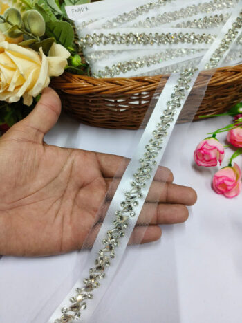 Daimond Cristal Lace Borders ? Premium Quality, Intricate Embellishments for Sarees, Lehengas, Bridal Couture, and Luxury Home Decor - Silver