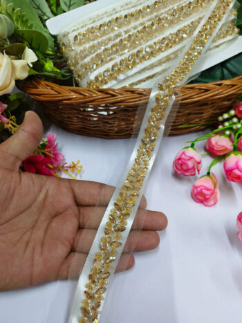 Daimond Cristal Lace Borders ? Premium Quality, Intricate Embellishments for Sarees, Lehengas, Dupattas, and Luxury Home Decor - Gold