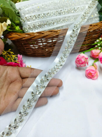 Daimond Cristal Lace Borders ? Premium Quality, Intricate Embellishments for Sarees, Lehengas, Dupattas, and Luxury Home Decor - Silver
