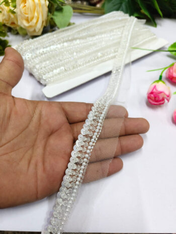 Deeps Creation Handmade Crystal laces Trims Indian Handmade Lace Borders ? Premium Quality, Intricate Embellishments for Sarees, Lehengas, Bridal Couture, and Luxury Home Decor - Silver 