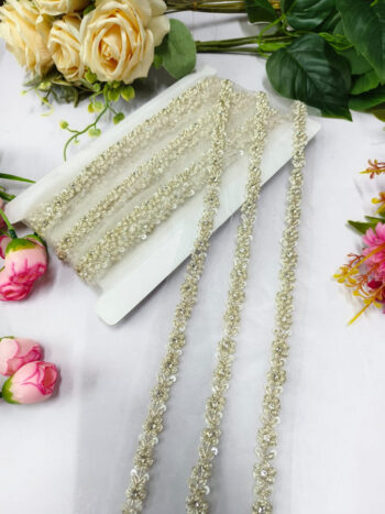 Deeps Creation New Jardoshi Handwork Lace Borders ? Premium Quality, Intricate Embellishments for Sarees, Lehengas, Dupattas, and Luxury Home Decor - Cream