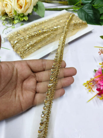 Deeps Creation New Stone Work Handmade Lace Borders ? Premium Quality, Intricate Embellishments for Sarees, Lehengas, Dupattas, and Luxury Home Decor - Gold
