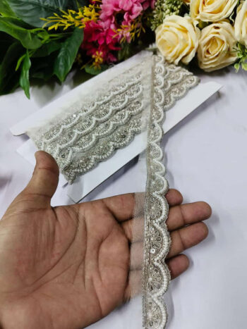 Deeps Creation New Jardoshi with Pearl Work Handmade Lace ? Premium Quality, Intricate Embellishments for Sarees, Lehengas, Bridal Couture, and Luxury Home Decor - Silver