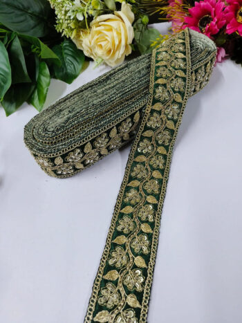 Deeps Creation New Jardoshi With Pearl Work Handwork Lace Borders ? Premium Quality, Intricate Embellishments for Sarees, Lehengas, Bridal Couture, and Luxury Home Decor - Dark Green