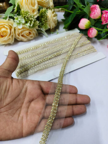 Deeps Creation Daimond and Jardoshi Work Laces For Use Dupattas Saree Borders Handmade Laces Premium Quality, Intricate Embellishments for Sarees, Lehengas, Bridal Couture, and Luxury Home Decor - Pani Gold
