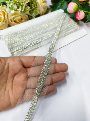 Deeps Creation Daimond and Jardoshi Work Laces For Use Dupattas Saree Borders Handmade Laces Premium Quality, Intricate Embellishments for Sarees, Lehengas, Bridal Couture, and Luxury Home Decor - Silver