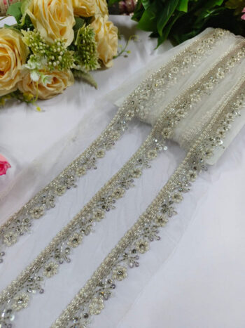 Daimond and Jardoshi Work Handmade Laces ? Premium Quality, Intricate Embellishments for Sarees, Lehengas, Bridal Couture, and Luxury Home Decor - Silver