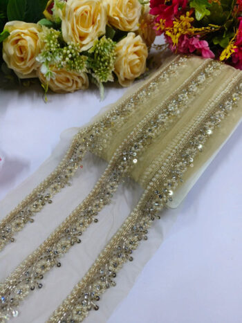 Daimond and Jardoshi Work Handmade Laces ? Premium Quality, Intricate Embellishments for Sarees, Lehengas, Bridal Couture, and Luxury Home Decor - Water Gold