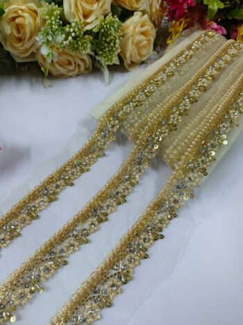 Daimond and Jardoshi Work Handmade Laces  ? Premium Quality, Intricate Embellishments for Sarees, Lehengas, Bridal Couture, and Luxury Home Decor - Gold