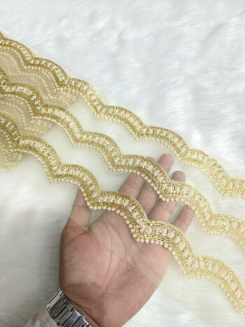 Handcrafted Pearl And Zardozi Lace Borders ? Premium Quality, Intricate Embellishments for Sarees, Lehengas, Bridal Couture, and Luxury Home Decor - Gold