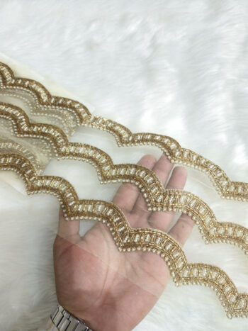 Handcrafted Pearl And Zardozi Lace Borders ? Premium Quality, Intricate Embellishments for Sarees, Lehengas, Bridal Couture, and Luxury Home Decor - Antique Gold