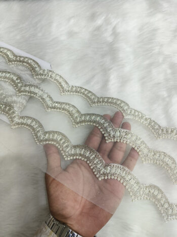Handcrafted Pearl And Zardozi Lace Borders ? Premium Quality, Intricate Embellishments for Sarees, Lehengas, Bridal Couture, and Luxury Home Decor - Silver