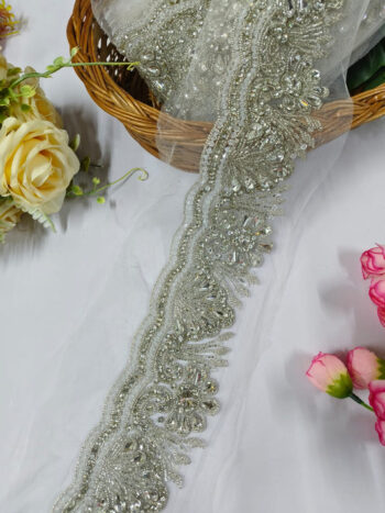 Handcrafted Stone Work with Cutdana Borders ? Premium Quality, Intricate Embellishments for Sarees, Lehengas, Bridal Couture, and Luxury Home Decor - Silver