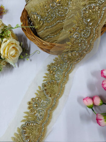 Handcrafted Stone Work with Cutdana Borders ? Premium Quality, Intricate Embellishments for Sarees, Lehengas, Bridal Couture, and Luxury Home Decor - Gold