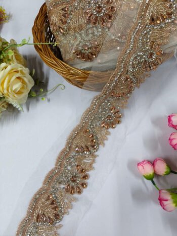 Handcrafted Stone Work with Cutdana Borders ? Premium Quality, Intricate Embellishments for Sarees, Lehengas, Bridal Couture, and Luxury Home Decor - Rose Gold