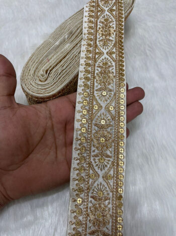 Embroidered Zari Lace ? Indian Wedding Trims, Saree Border, 2 Inch Wide Lace Reel (9 Mtr) | White