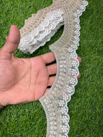 Embroidery Scallop Lace | Sequins Embellishment Trim | Craft Decorative Saree Lace ? 9 Meters, 2-Inch Width | White
