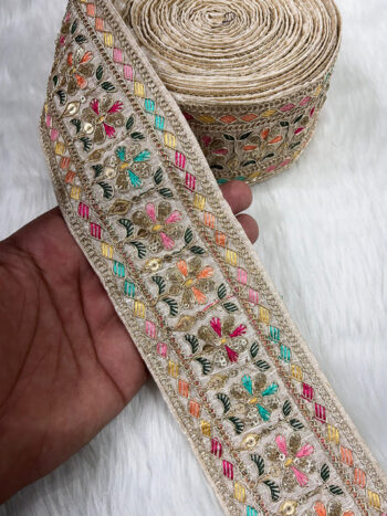 2.5 Inches Decorative Sequin Thread Embroidered Indian Mustard Sari Silk Dupatta Border Ribbon (9 Meter) | White