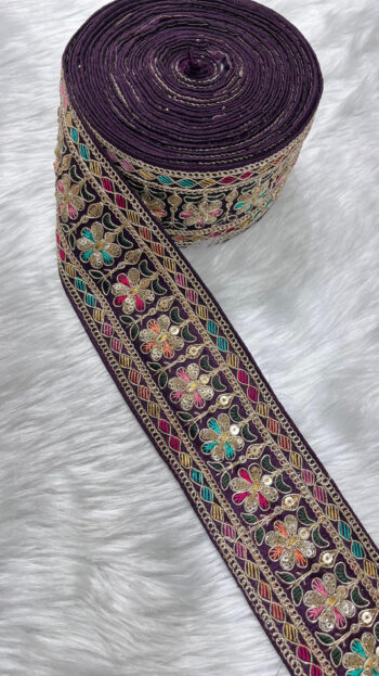 2.5 Inches Decorative Sequin Thread Embroidered Indian Mustard Sari Silk Dupatta Border Ribbon (9 Meter) | Wine