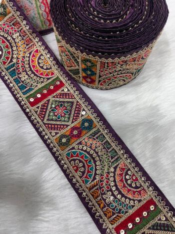 3 Inch Indian Saree Lace Border Embroidered Trim – Floral Decorative Ribbon for Art Quilts & Craft Projects (9 Meter) | Wine