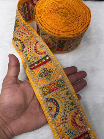 3 Inch Indian Saree Lace Border Embroidered Trim – Floral Decorative Ribbon for Art Quilts & Craft Projects (9 Meter) | Yellow
