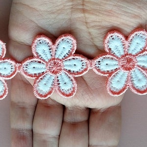 Coral And White Floral Embroidery Lace Trim. Approx. 36mm Wide - 200317L145