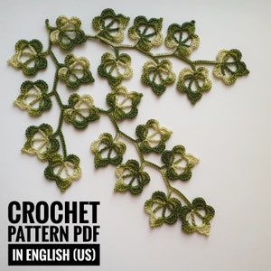 Crochet branch with leaves pattern Crochet branch pattern Crochet leaf applique pattern Irish lace  pattern Сrochet flower Сrochet vine