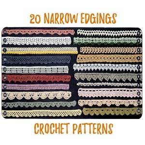 20 narrow edgings PDF crochet patterns lace borders Beginner level Vintage tutorials 90s classic fine 3 ply cotton yarn digital download