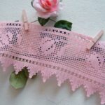 Crochet lace with filet workmanship-Border with pink cotton tulips-Romantic home style decoration-cm.42xcm.16