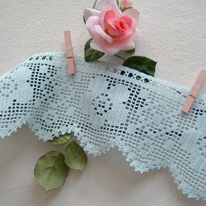 Filet lace border with flowers-Crochet lace in light blue color-Romantic border for café curtain-cm.45xcm.15