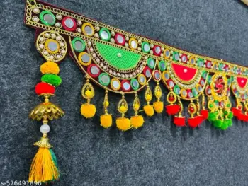 Pack of 2 Wall Hanging Handmade Toran with attached Latkan, Multi Zula Bandhanwal, Design Patchwork Toran for Main Door , Pooja, Festival, Wedding and Home Decor, 3 Ft